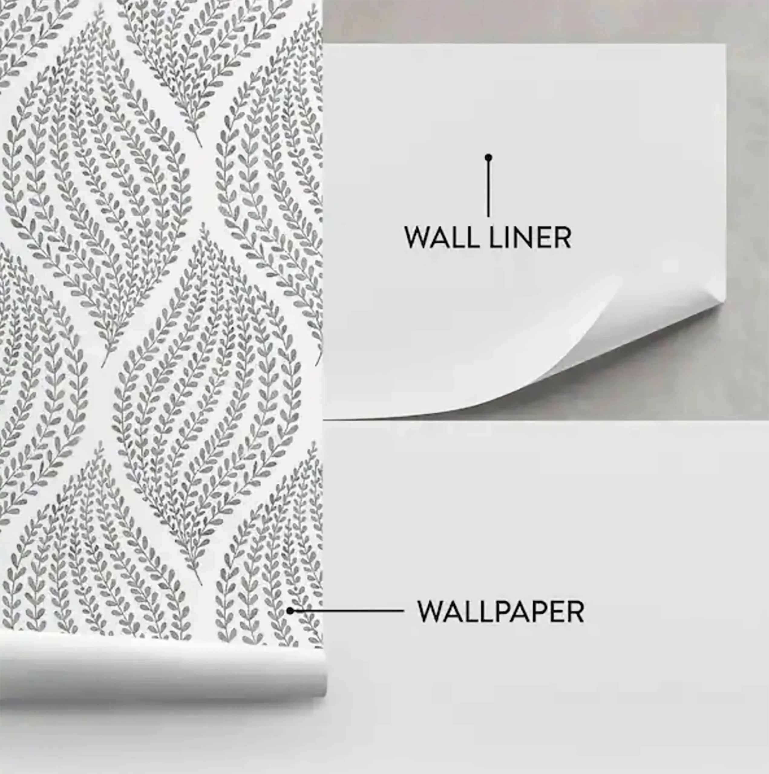 A picture showing lining paper on a wall next to and beneath a sheet of wallpaper